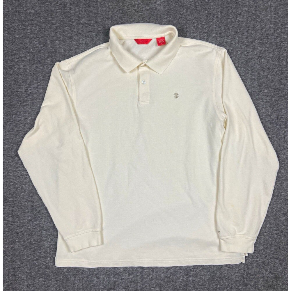 IZOD Shirt Mens L Cream Long Sleeve Logo Button Solid Read